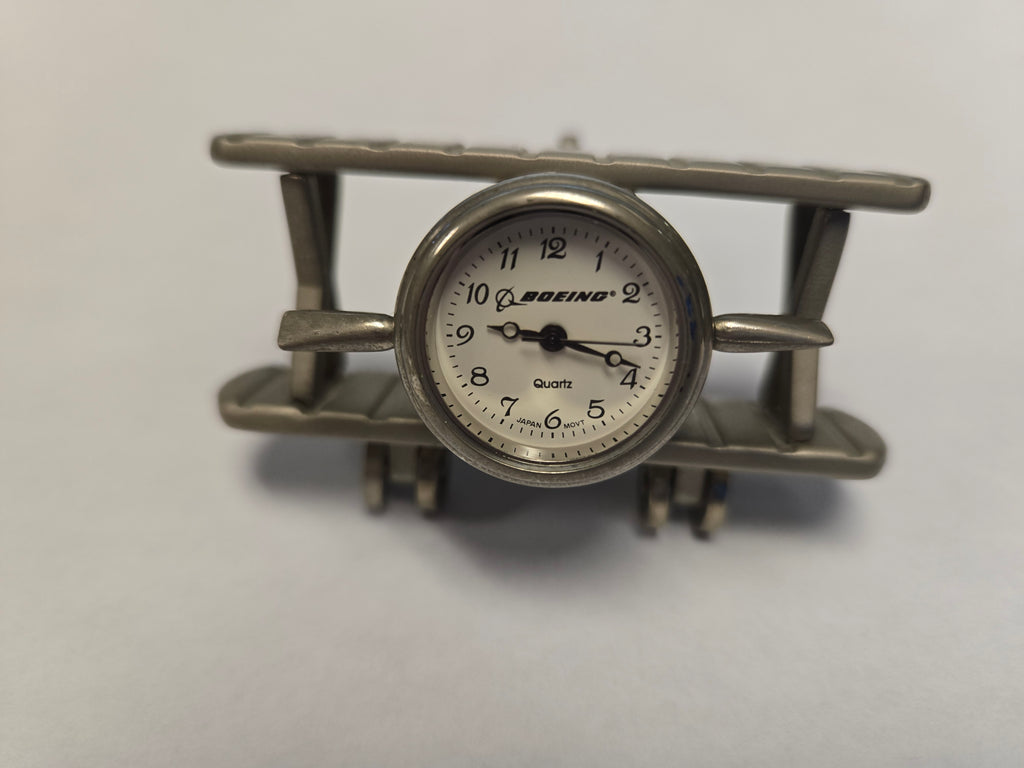 Boeing Airplane Clock - Silver Tone Miniature Biplane Propeller Clock – PREVIOUS OWNED – Collectible Miniature Clock