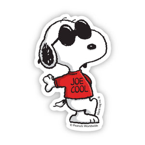 Sticker of a Snoopy dog wearing a red shirt with 'Joe Cool' text on a white background