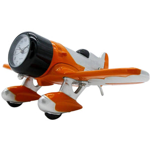 An orange and silver desk clock modeled after the Gee Bee Model R racing aircraft.