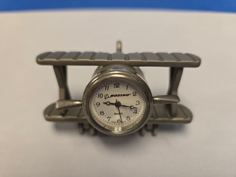 Boeing Airplane Clock - Silver Tone Miniature Biplane Propeller Clock – PREVIOUS OWNED – Collectible Miniature Clock