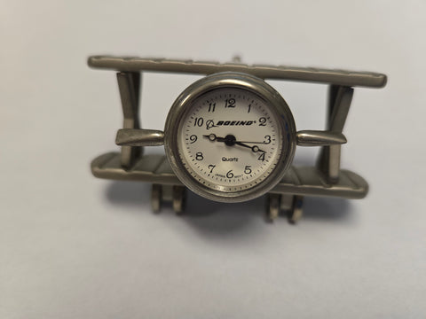 Boeing Airplane Clock - Silver Tone Miniature Biplane Propeller Clock – PREVIOUS OWNED – Collectible Miniature Clock
