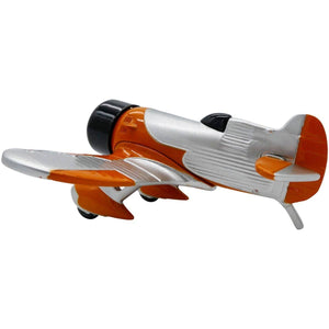 An orange and silver desk clock modeled after the Gee Bee Model R racing aircraft.