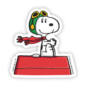 Cartoon Snoopy dog character with goggles and scarf on roof with white background