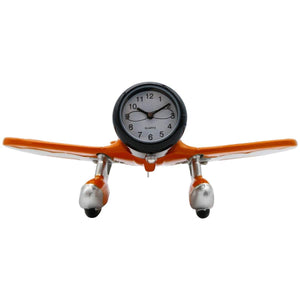 An orange and silver desk clock modeled after the Gee Bee Model R racing aircraft.