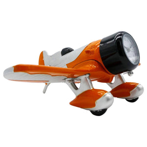 An orange and silver desk clock modeled after the Gee Bee Model R racing aircraft.