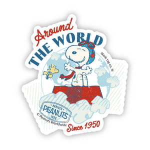 Sticker with a character from 'Peanuts' around the world design on a white background