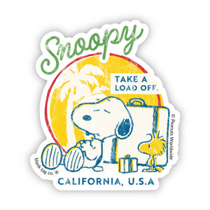 Sticker with Snoopy and Woodstock sitting under a sun, with text 'Snoopy Take a Load Off California, U.S.A.'