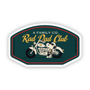 Sticker with a motorcycle and Snoopy dog illustration and 'Rad Dad Club' text on a green background.