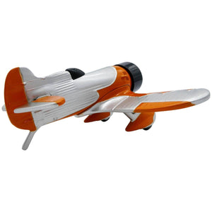 An orange and silver desk clock modeled after the Gee Bee Model R racing aircraft.