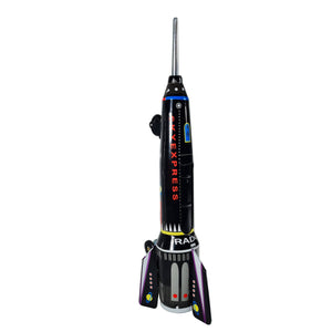 A black toy rocket with red and white accents, named 'Radon', with a friction drive mechanism.