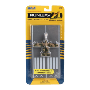 Daron Runway 24 A-10 Thunderbolt II 'Wart hog' (U.SAR) collectible diecast plane in its original blister packaging, featuring a gray runway striping background and a camouflage fighter jet.