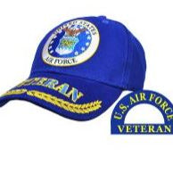A blue military hat with an embroidered emblem and text 'U.S. AIR FORCE VETERAN'. It features a Velcro adjustable strap.