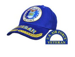 A blue military hat with an embroidered emblem and text 'U.S. AIR FORCE VETERAN'. It features a Velcro adjustable strap.