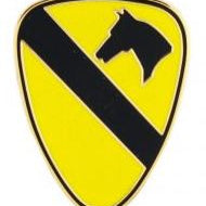A shield-shaped calvary pin with a yellow background, a black horse silhouette, and a black diagonal stripe.