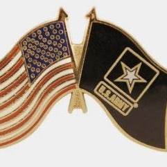A pin with crossed flags, one representing the USA and the other with an Army emblem.