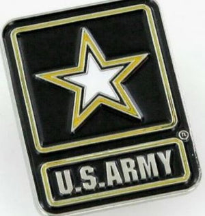 Army logo pin with a gold star on a black background with the text 'U.S.A.R.M.Y.'
