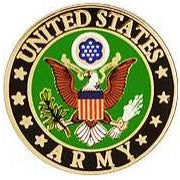 A round pin badge featuring the United States Army emblem with a green background, a white star-patterned border, and the text 'ARMY'.
