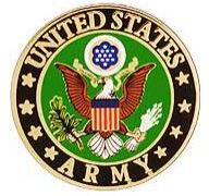 A round pin badge featuring the United States Army emblem with a green background, a white star-patterned border, and the text 'ARMY'.