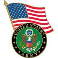 A lapel pin featuring the United States Army emblem with an American flag.