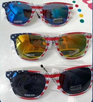 Assorted sunglasses with American flag design on a white background
