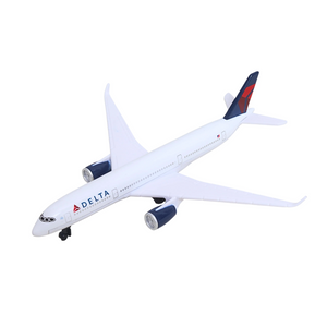 A white Delta airplane model or toy aircraft shown in side view on a plain white background. The fuselage has the Delta logo and name, and the tail features the Delta logo in red and navy.