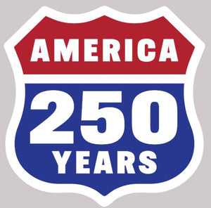 Shield-shaped logo celebrating America's 250th anniversary with red, white, and blue colors.