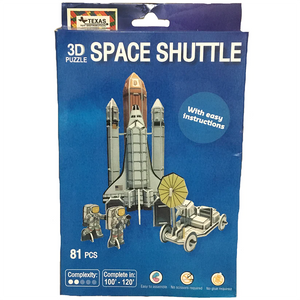 Packaging for a 3D Space Shuttle puzzle kit with an image of the space shuttle and astronauts on the box, indicating 67 pieces and easy instructions.