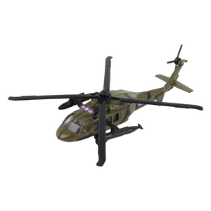 An olive green toy helicopter with black rotors and a Union Jack flag decal on the nose, isolated on a white background.
