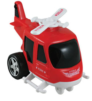 Bump and go toy helicopter with black windows on a white background