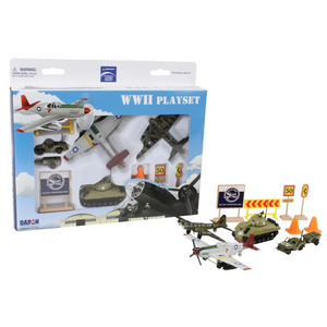 Daron WWII toy playset in its original packaging, shown alongside the assembled miniature military models including planes, a tank, and road signs on a white background.