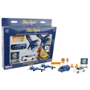 Blue Angels toy playset in its original packaging, shown alongside four loose toy pieces (two blue fighter jets, a blue van, and a white car) on a clean white background.
