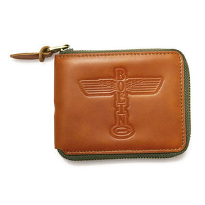 A tan leather zip wallet with the Boeing logo embossed on the front.