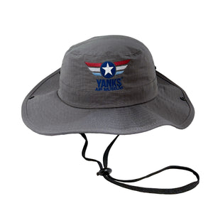 Gray bucket hat with embroidered Yanks logo on a white background