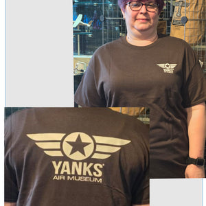 Brown t-shirt with a Yanks Air Museum logo printed on the front.