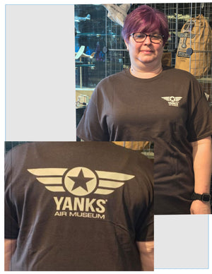 Brown t-shirt with a Yanks Air Museum logo printed on the front.