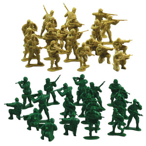 A set of assorted military figures in two different colors, with varying poses, made of durable plastic.