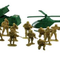 A set of toy soldiers with a green helicopter and a green tank.
