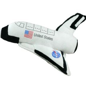 A plush toy resembling a space shuttle with the United States flag and NASA markings on it.