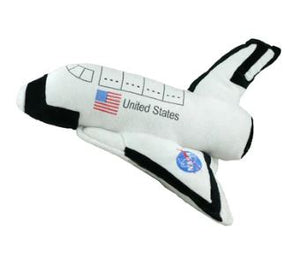 A plush toy resembling a space shuttle with the United States flag and NASA markings on it.
