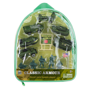 Toy military set in clear packaging with green base and toy soldiers.