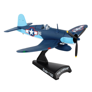 Model airplane on a stand with a white background