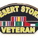 A pin badge with the text 'DESERT STORM VETERAN' displayed on it, featuring a multicolored design with stripes and vertical flags.