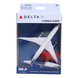 A boxed miniature model airplane of a Delta Airbus A350, shown in its retail packaging against a plain white background.