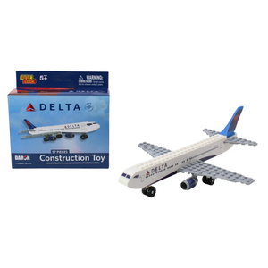 A Delta-branded construction toy airplane shown beside its retail box on a plain white background. The product is a 3D-stacked plastic toy airplane with visible rivets, engines, windows, and a blue tail, while the packaging displays Delta branding and the text 'Construction Toy' and '57 Pieces'.