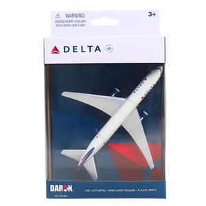 A packaged miniature model airplane of a Delta aircraft, shown in its retail box against a plain white background.
