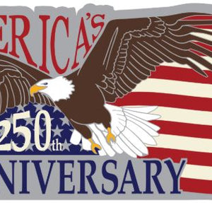 Decorative sticker with an eagle and American flag design celebrating America's 250th anniversary.