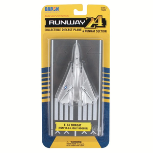 Daron Runway 24 F-14 Tomcat collectible diecast plane and runway section in its original blister packaging, featuring a silver plastic model jet on a printed gray runway base.