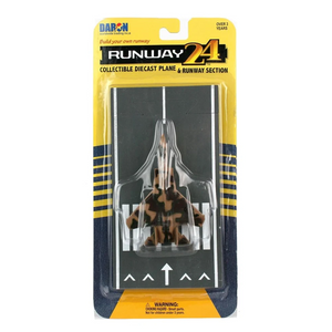 Daron Runway 24 collectible diecast plane and runway section set in its original blister card packaging, featuring a brown and black camouflage fighter jet on a black runway model.