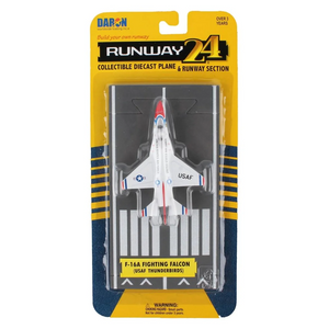 DARSON Runway 24 F-16A Fighting Falcon (USAF Thunderbirds) collectible diecast plane in its original blister packaging, featuring a white fighter jet with red, blue, and black markings on a black runway section display.