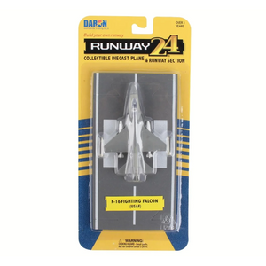 Daron Runway 24 F-16 Fighting Falcon diecast model airplane and runway section in its original blister packaging, featuring a gray jet on a gray runway with a yellow and blue card backing.